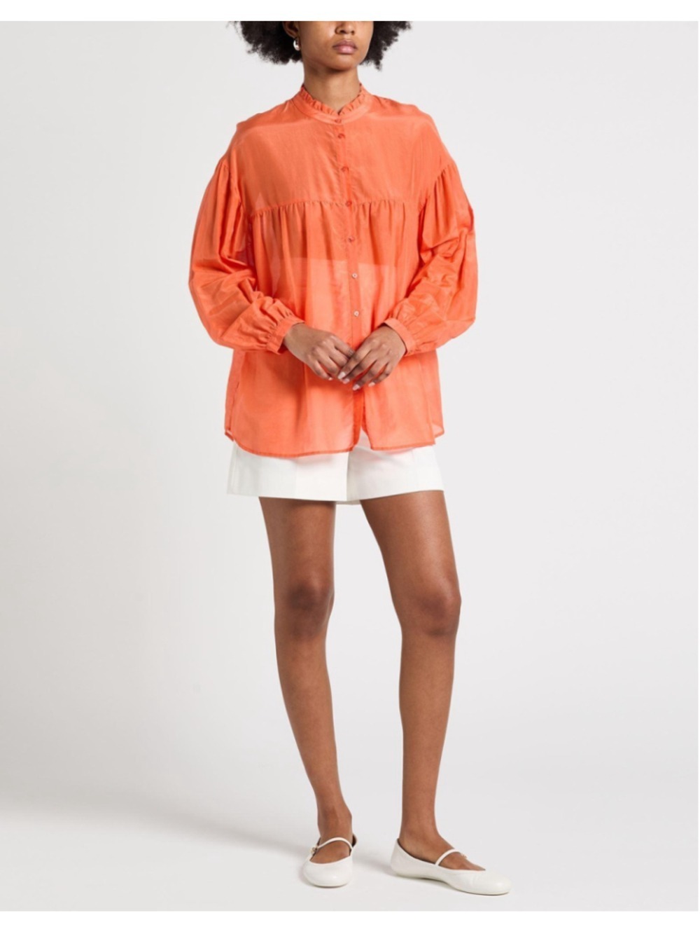 0039 Italy Orange Sheer Ruffle Blouse Small